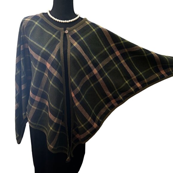 IKC Country Wear Cape Womens Italian Yarn Shawl Sweater Windowpane Plaid V Neck - Picture 2 of 13